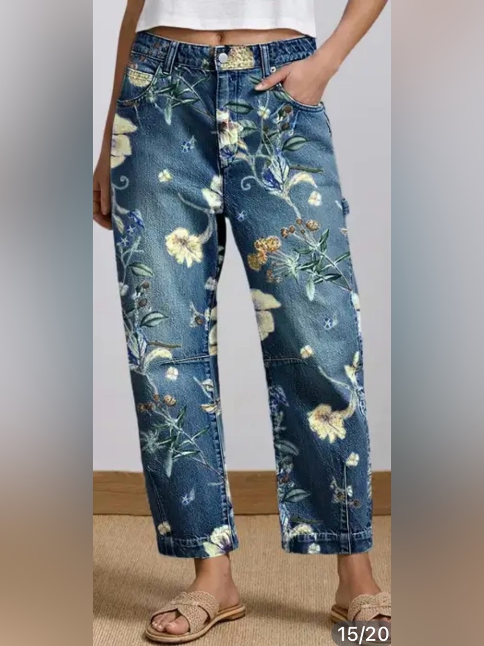 Flamingals Wash Floral Print Flap Pocket Mid Rise Barrel Leg Crop Jeans